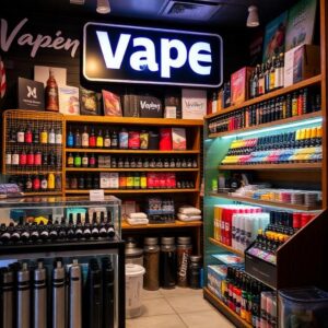 Colorful vape shop interior with illuminated Vape sign, shelves stocked with e-liquids, disposables, and vaping accessories.