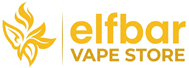Elf Bar Vape Store logo with golden flame leaf icon and bold yellow text on dark background